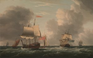 Um inglês de dois andares deitada para, com outros navios e embarcações em uma brisa fresca